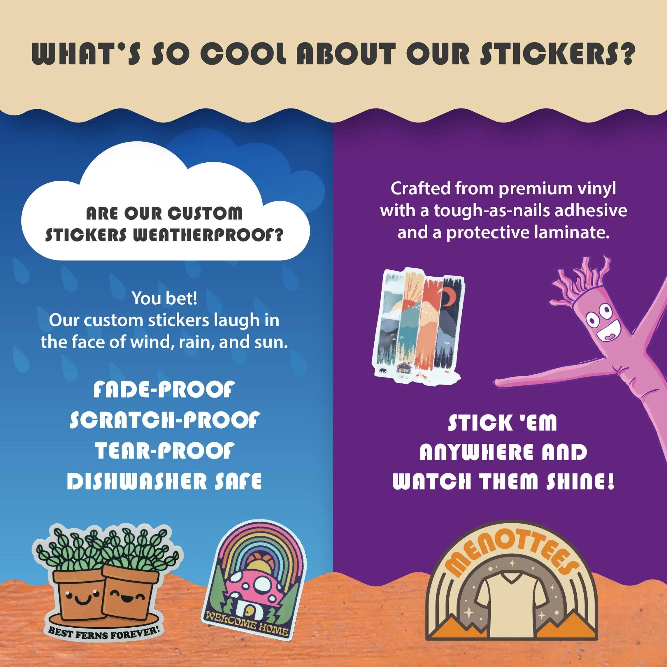 Promotional graphic about custom stickers with weatherproof properties and durability features.