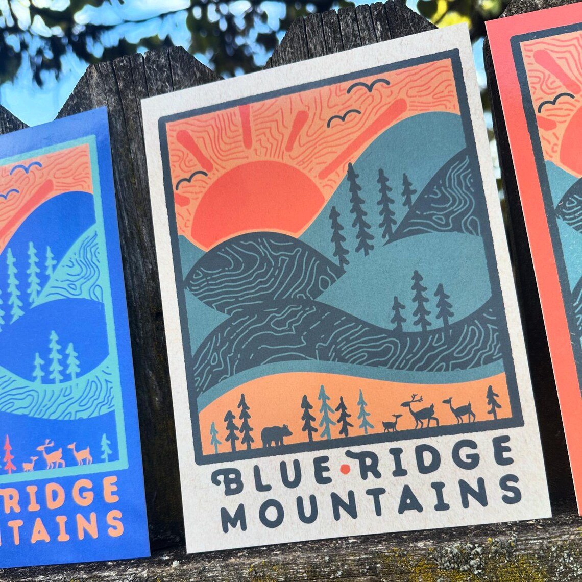 Postcards fanned out on wood backdrop with plants and natural light