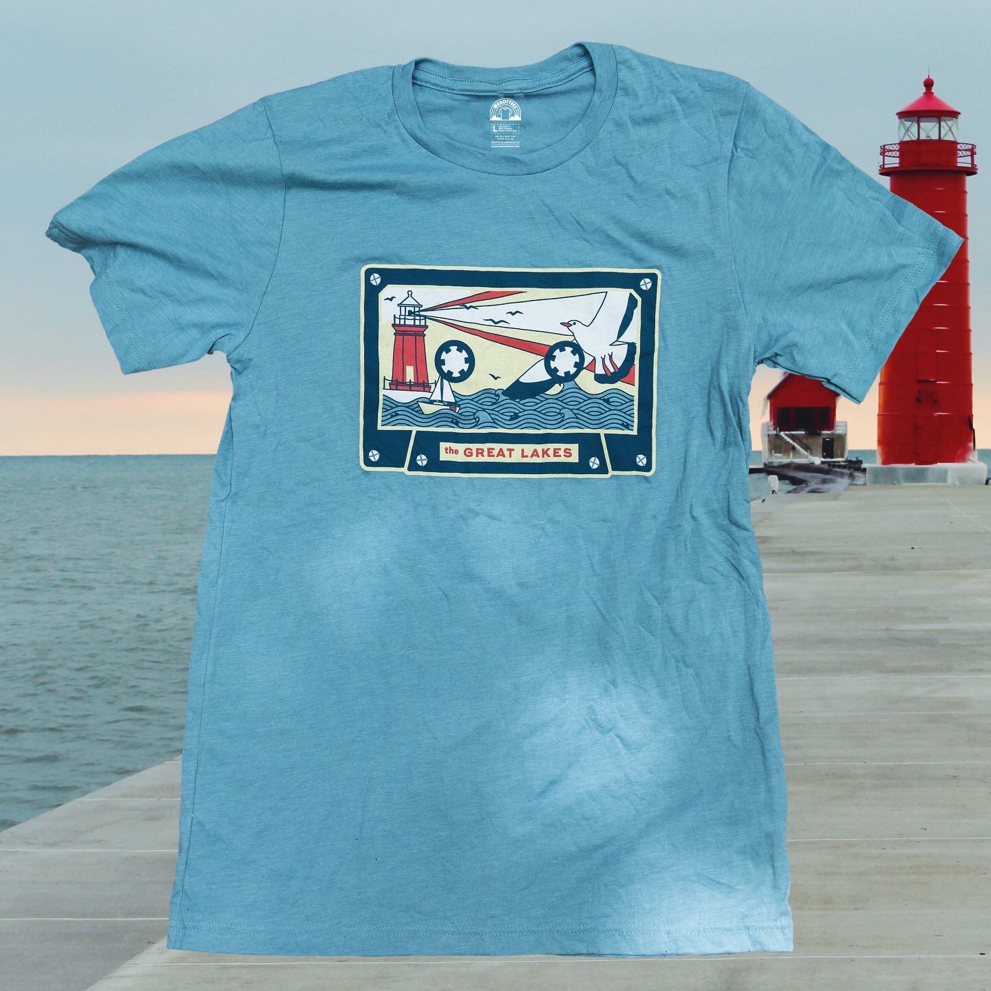 LBlue Great Lakes Tape T-Shirt featuring vintage cassette design with lighthouse