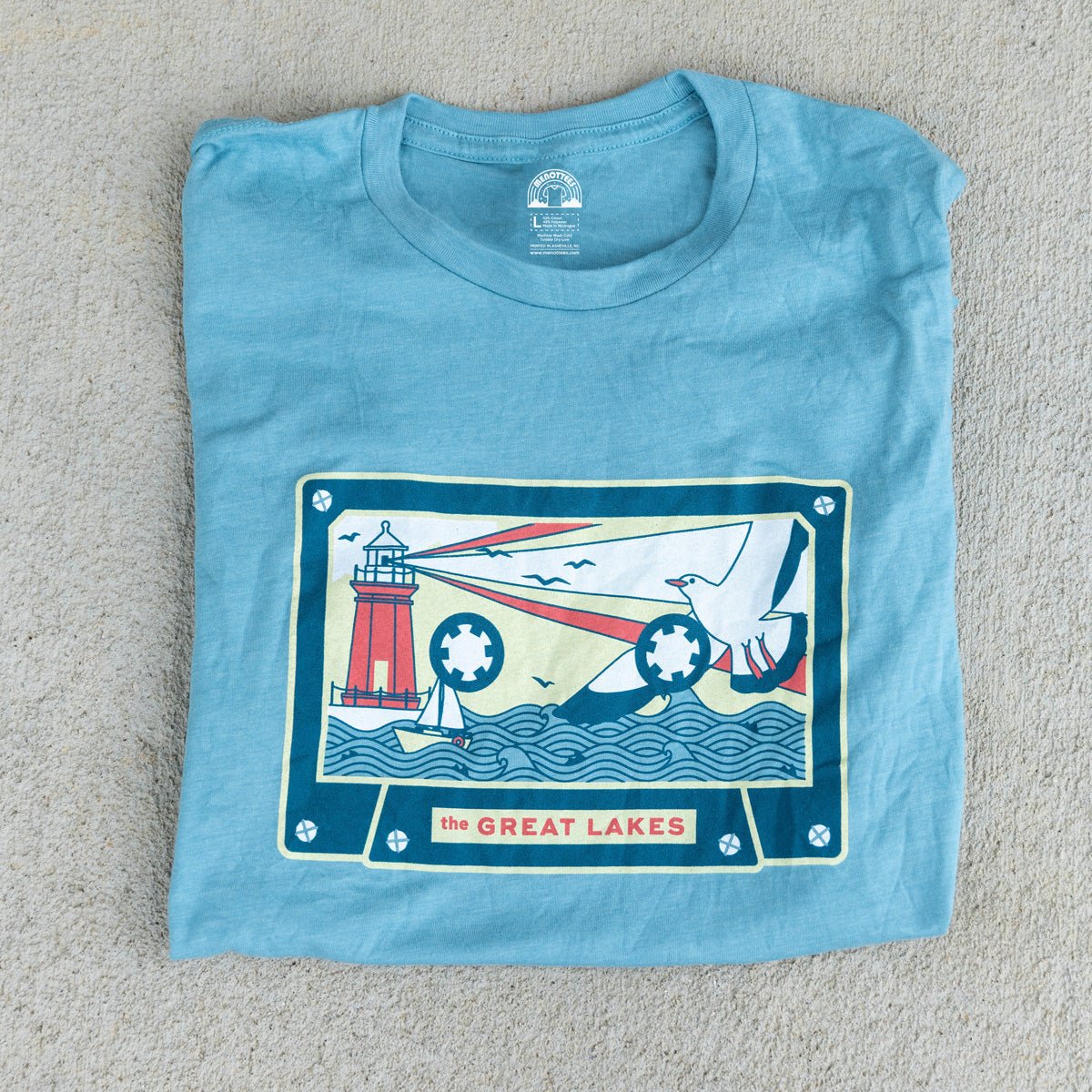 Close-up of hand-screened design on the Great Lakes Tape shirt