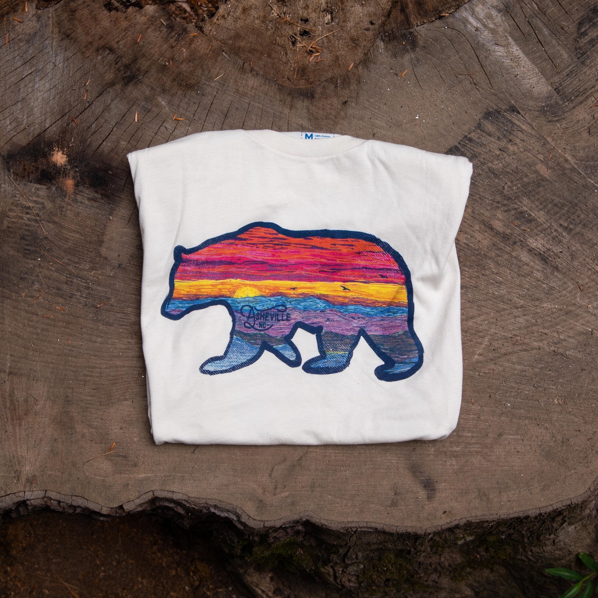 Asheville-inspired Sunset Bear graphic tee with hand-screened mountain design