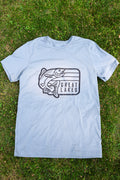 Light blue t-shirt with 'Great Lakes' graphic on grass