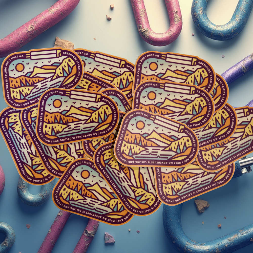 Stack of mountain-themed stickers with colorful carabiners on a textured surface