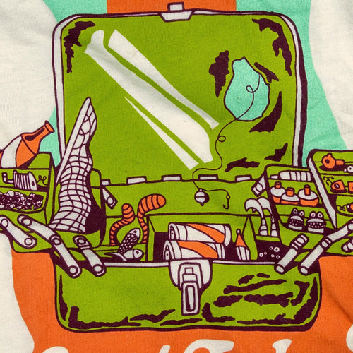 Close-up of vintage fishing tacklebox design on soft cotton-poly shirt