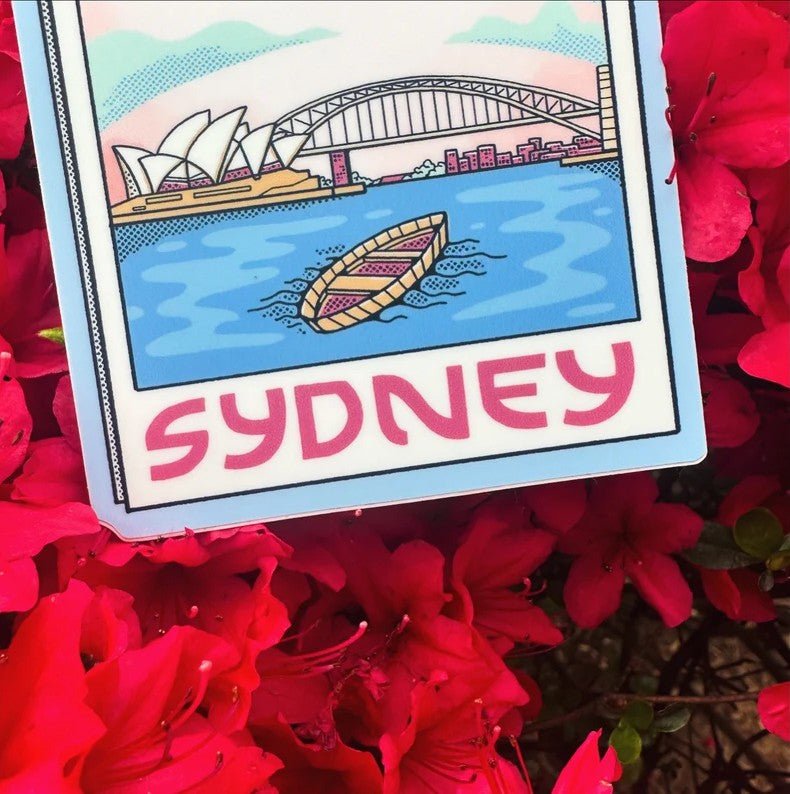 Illustration of Sydney with landmarks on a card surrounded by red flowers