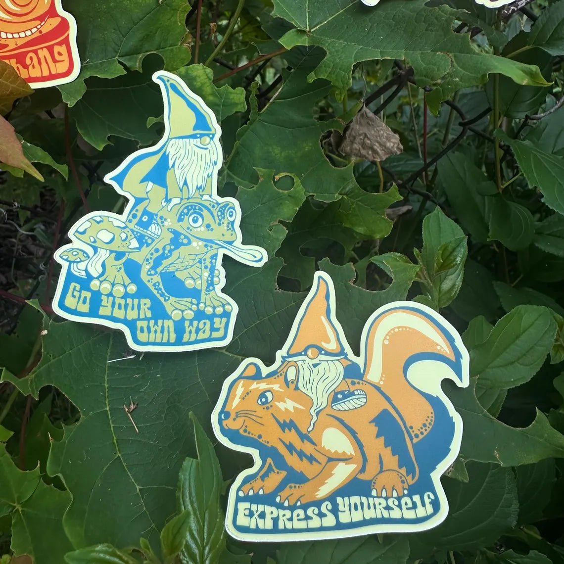 Close-up of stickers overlapping with bold colors and fun poses

