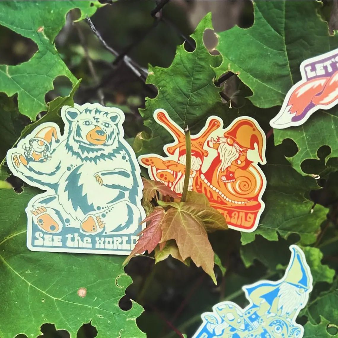 Close-up of stickers overlapping with bold colors and fun poses

