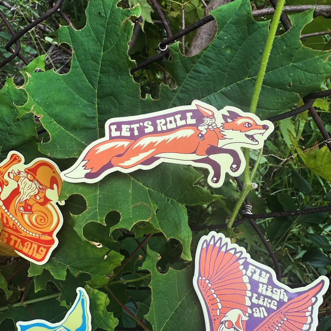 Close-up of stickers overlapping with bold colors and fun poses

