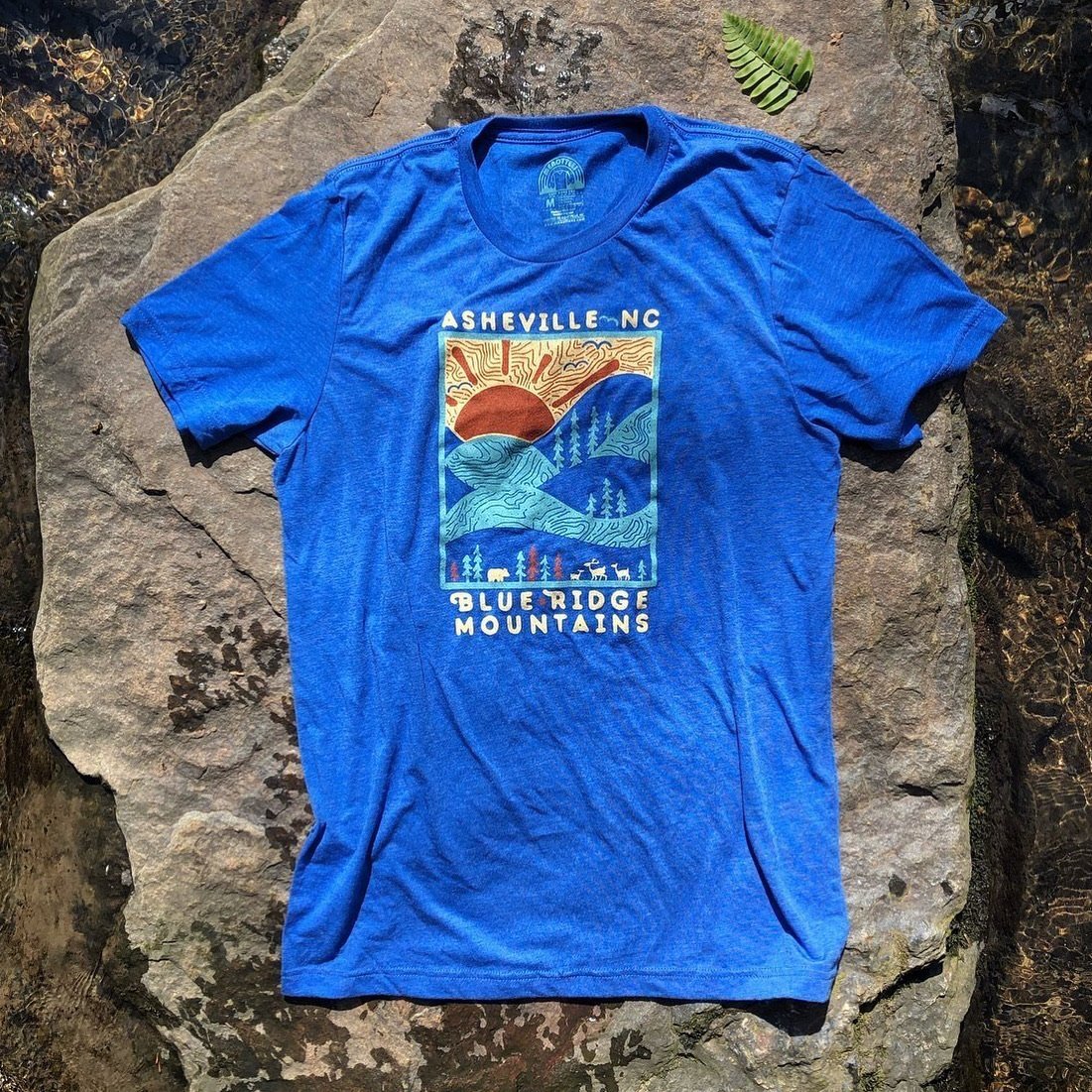 A blue colored t-shirt with a graphic print of mountains and the text 'Asheville, NC' placed on a rock.