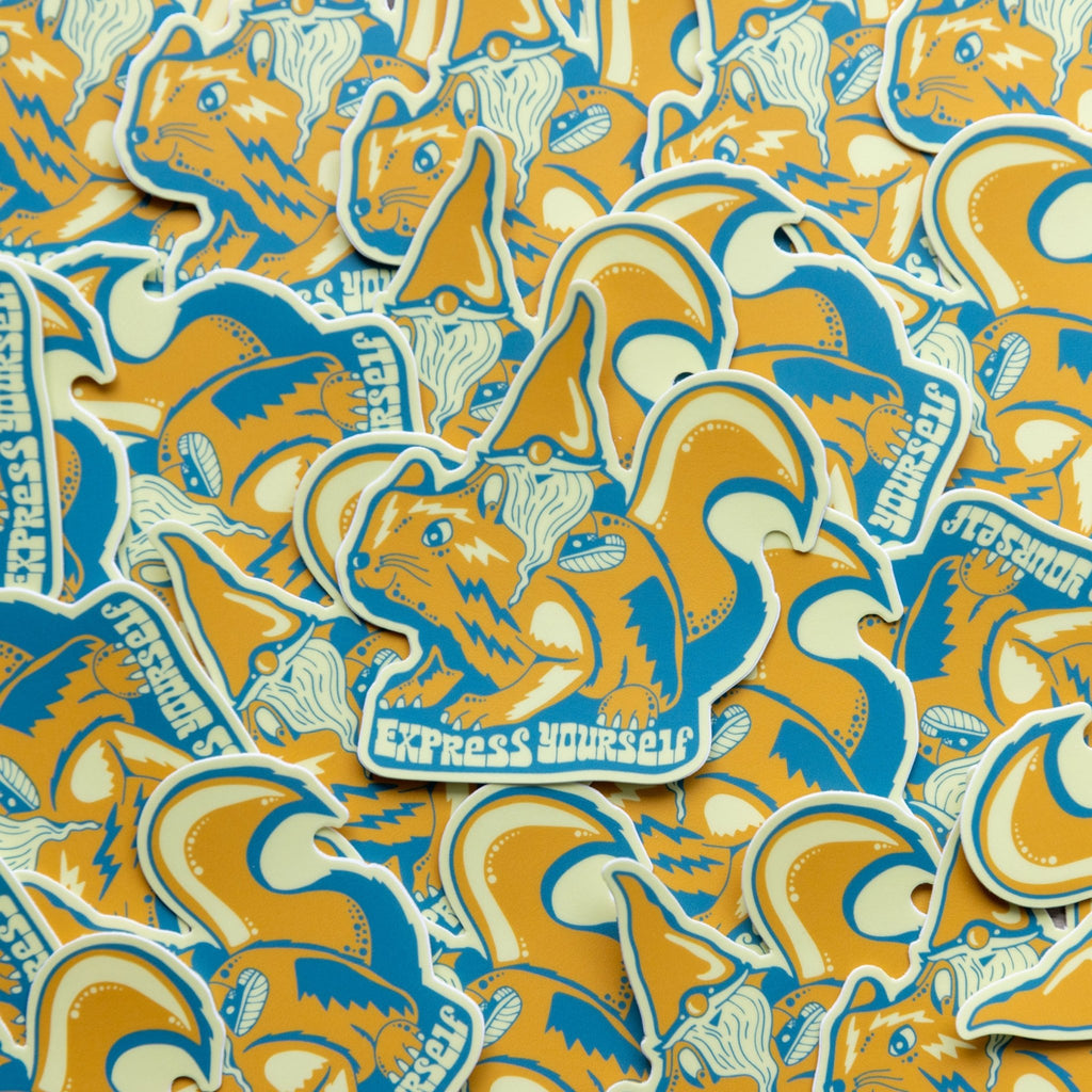 Pile of multiple stickers with vibrant gnome/squirrel design

