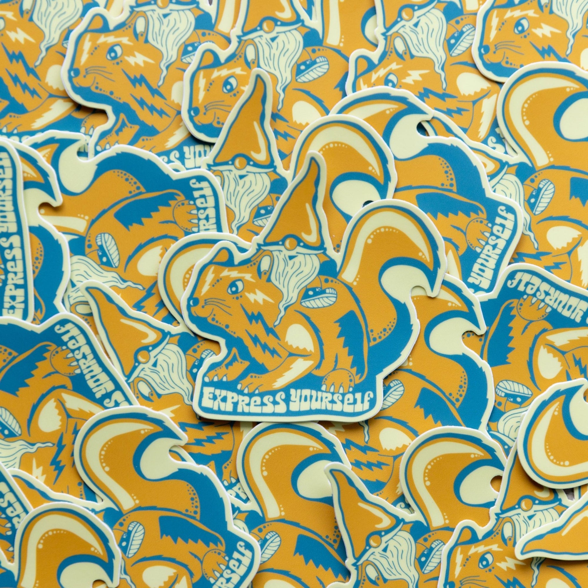 Pile of multiple stickers with vibrant gnome/squirrel design

